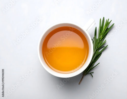  Minimalist Rosemary Herbal Tea in White Cup, Wellness and Detox Concept, Top View with Sunlight Shadows, AI generated digital art