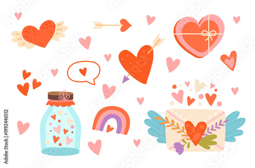 Cute Valentines set. Rainbow, jar with hearts, candies and envelope. Stickers for valentines day. Love and romance. Romantic relationship. Flat vector collection