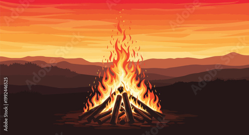 Campfire vector illustration with burning wood logs, mountain landscape background at sunset, glowing fire flames in wild nature scenery