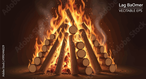 Lag BaOmer bonfire with burning wood logs, traditional Jewish holiday campfire vector, blazing fire flames and smoke on dark background