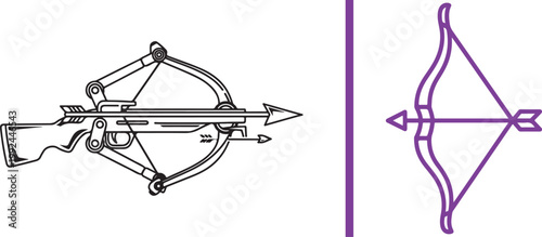 Archery equipment set with detailed crossbow and purple bow and arrow vector illustration isolated on white background