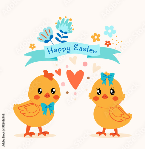 Happy Easter card. Two yellow chicks with heart and blue flowers. Traditional spring holiday and festival. Religious celebration. Poster or banner. Flat vector illustration
