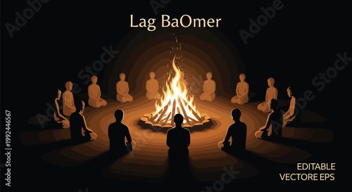 Lag BaOmer Jewish holiday celebration vector, people sitting around a glowing bonfire, traditional campfire gathering at night with silhouettes