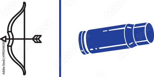 Ancient bow and arrow icon and modern bullet shell casing vector illustration isolated on white background