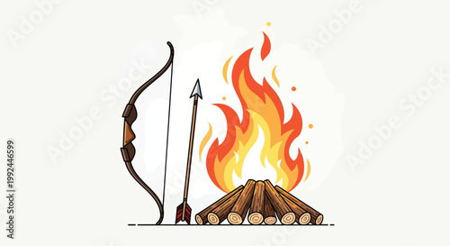 Outdoor camping bonfire with hunting bow and arrow, burning campfire wood logs vector illustration, wilderness survival gear and fire