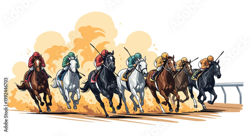 Dynamic horse racing vector illustration, professional jockeys competing on racetrack, equestrian sports competition with dust clouds and motion