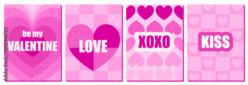 Valentines day cards set. Postcards with hearts and romantic inscriptions. Love and romance. Texture, background and wallpaper. Flat vector collection