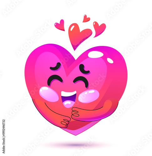 Happy heart concept. Confused pink heart character. Mascot with romantic expression. Sticker for social networks and messengers. Valentine Day label. Flat vector illustration
