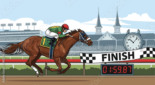 Horse racing vector illustration, jockey riding thoroughbred crossing finish line, equestrian sports competition at racetrack with stopwatch