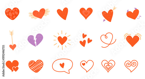 Set of hearts. Various icons for Valentines day. Metaphor of love and romance. Hearts with arrow and speech bubbles. Flat vector collection