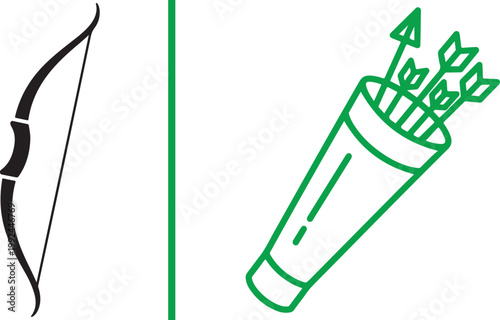 Minimalist vector illustration of a black recurve bow and green quiver with arrows isolated on white background