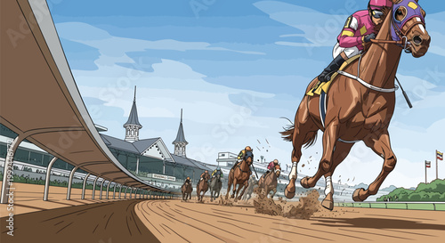 Professional horse racing vector illustration, thoroughbred horses and jockeys competing on dirt track, equestrian sports event at grandstand stadium