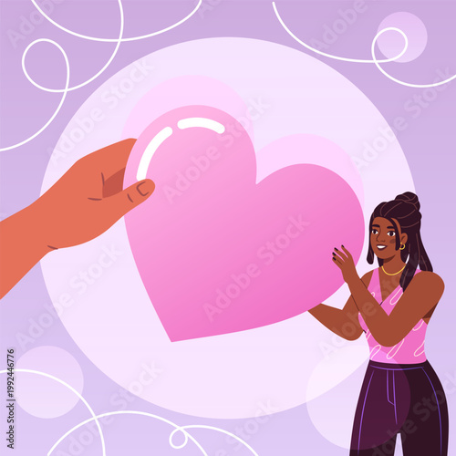 Woman holding heart. Young girl with large pink heart. Romance and love. Harmony and inner peace. Person with positive emotions. Confident and freedom. Flat vector illustration
