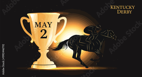 Horse racing championship vector illustration, golden trophy cup with May 2 date, Kentucky Derby equestrian event banner with jockey silhouette