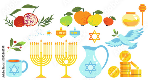 Judaism symbols set. Apples, pomegranate, honey and cup with traditional jewish symbols. Religion and culture. Holiday and festival. Flat vector collection