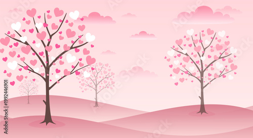 Love pink trees. Trees on hills with pink and white hearts. Love, romance and passion. Gentle valentines day postcard. Cover or banner for website. Flat vector illustration