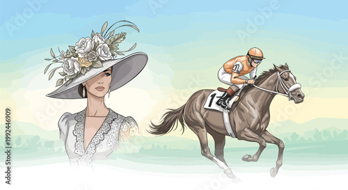 Elegant horse racing illustration with jockey on galloping horse, sophisticated woman in floral hat, derby day fashion and equestrian sports vector