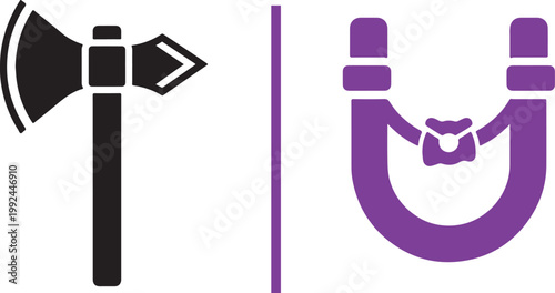 Minimalist axe and slingshot vector icons set isolated on white background for gaming and outdoor adventure