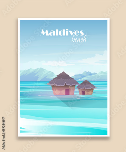 Maldives beach poster. Two bungalows by sea. Holiday and vacation. Tropical and exotic countries. Landscape of coastline. Flat vector illustration