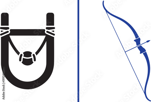 Minimalist slingshot and archery bow with arrow vector illustration icons isolated on white background