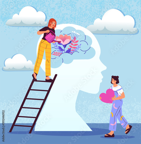 Mental health care. Women with heart and watering can near abstract silhouette of head. Taking care of mental and psychological health. Awareness and mindfulness. Flat vector illustration