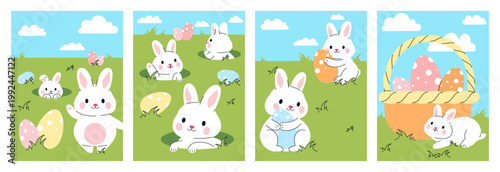 Set of Easter cards. White bunnies and basket with colorful eggs. Traditional spring religious holiday. Pack of postcards. Flat vector collection