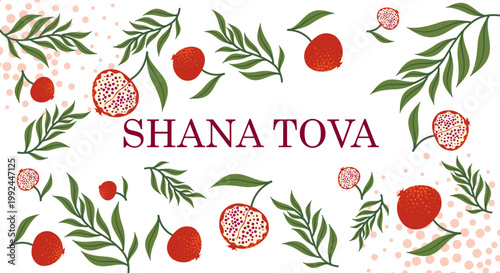 Shana tova pomegranates poster. Red fruits with green leaves. October or September holiday and festival. Rosh hashana, yom kippur. Jewish New Year. Flat vector illustration