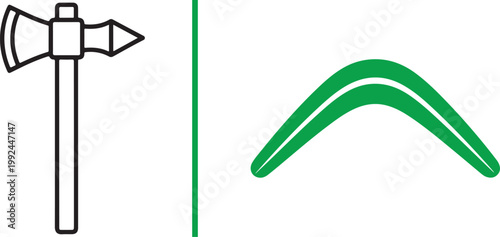 Tomahawk axe and green boomerang vector illustration icons isolated on white background