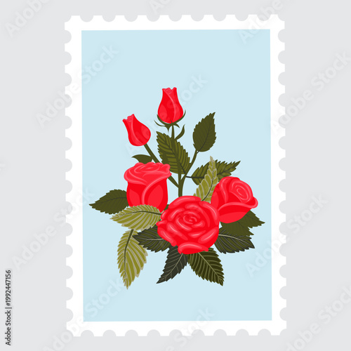 Postage stamp depicting a composition of red roses and buds. Vector illustration isolated on a white background.