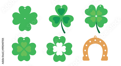 Saint Patricks set. Green clovers pack and gold horseshoe. Traditional Irish holiday symbols. Luck and fortune talismans. Flat vector collection