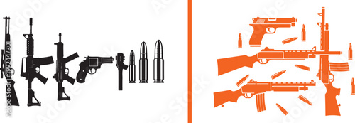 Collection of firearm silhouettes including rifles pistols and ammunition isolated on white background vector illustration