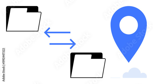 Data management, cloud sync, file sharing, digital storage, navigation, network communication. Two folders connected with arrows to a blue location pin. Data management and cloud sync