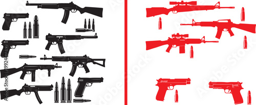 Collection of black and red firearm silhouettes including rifles, pistols, and ammunition isolated on white background vector illustration