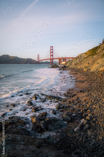 Cityscape travel banner with golden gate brigde at sunset