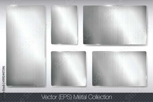 Realistic 3D metal square and rectangle plates with glare isolated on transparent background, flat stainless steel plate set, flat metallic frame, 100% vector (EPS) illustration