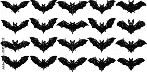 Flying bat silhouettes collection with different wing positions, spooky halloween design elements, dark gothic animal shapes isolated, vector illustration set for decoration and design use