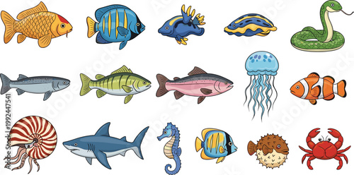 Colorful sea animals vector set including fish, jellyfish, shark, crab, seahorse and seashell, diverse marine life collection in cartoon style isolated illustration bundle