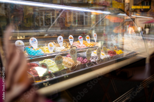 Schilderij op canvas Ice cream display case, store counter, lots of sweets