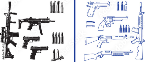 Collection of firearms and ammunition isolated on white background vector illustration