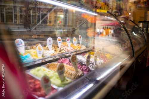 Schilderij op canvas Ice cream display case, store counter, lots of sweets