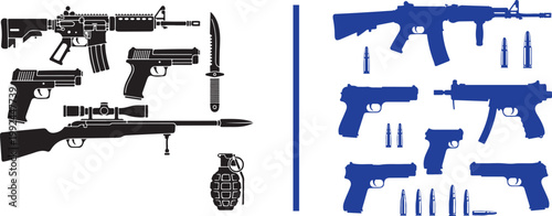 Collection of modern weapon silhouettes including rifles handguns knife and grenade isolated on white background vector