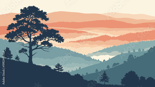 Foto Scenic sunrise over layered mountains with tree silhouette