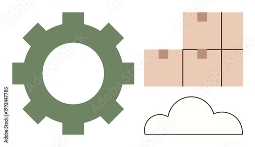 Supply chain, logistics, cloud computing, efficiency, e-commerce, technology. Gear symbol alongside stacked boxes and cloud outline. Supply chain and logistics concept illustrated visually