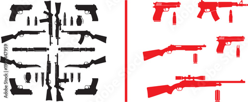 Weapon silhouettes collection with rifles pistols grenades and bullets isolated on white background vector illustration