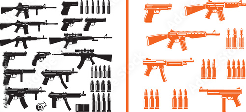 Collection of firearm silhouettes including assault rifles, pistols, and ammunition vector illustration isolated on white background