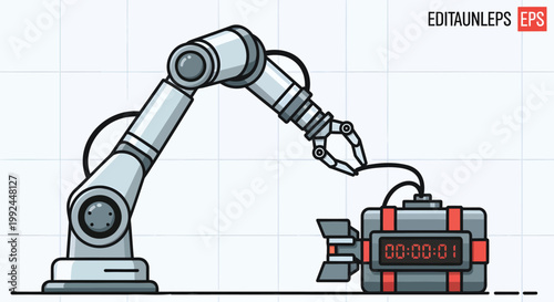 Industrial robotic arm defusing a digital time bomb, automated bomb disposal robot vector, mechanical gripper cutting wire on explosive device