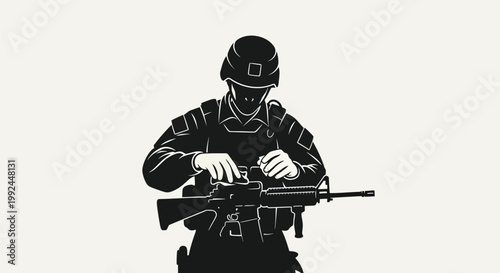 Military soldier silhouette holding assault rifle, tactical infantryman in combat gear vector, armed special forces operative illustration
