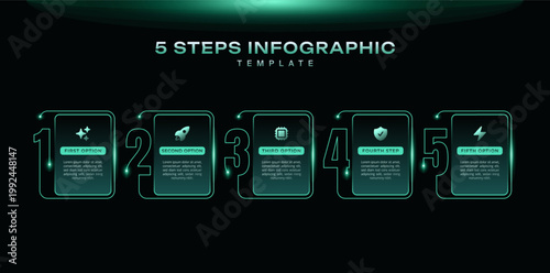 Timeline black infographic template with step journey and numbered layout. Modern business presentation graph with icons, clean vector design for workflow, data visualization, process illustration.