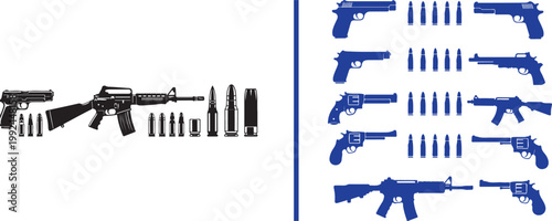 Collection of firearm and ammunition silhouettes including pistols rifles and bullets isolated on white background vector