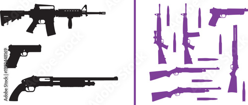 Firearm silhouettes including assault rifles handguns and ammunition isolated on white background vector illustration
